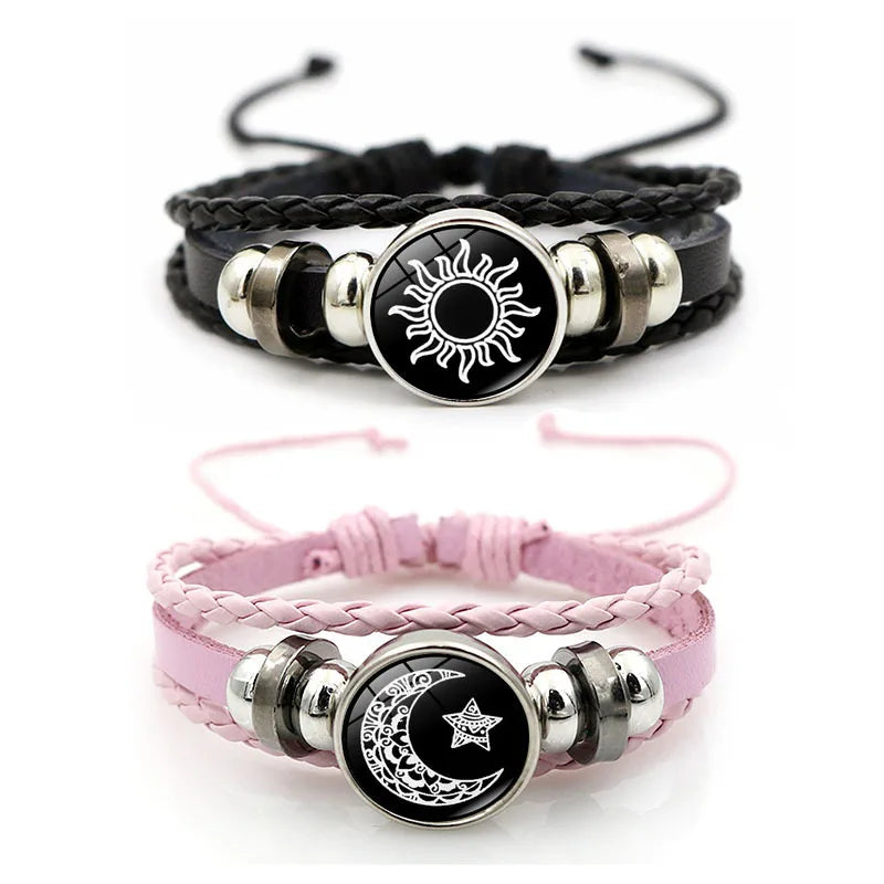 Couple Sun & Moon Adjustable Leather Bracelets – Braided Charm Wristbands for Men & Women