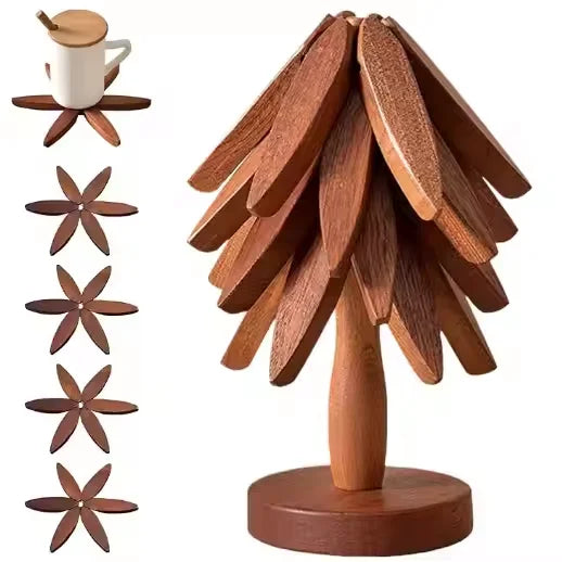 Christmas Tree Wooden Coasters Set with Stand – Heat Resistant Cup Holder for Home