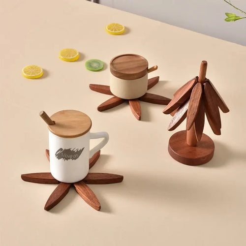 Christmas Tree Wooden Coasters Set with Stand – Heat Resistant Cup Holder for Home