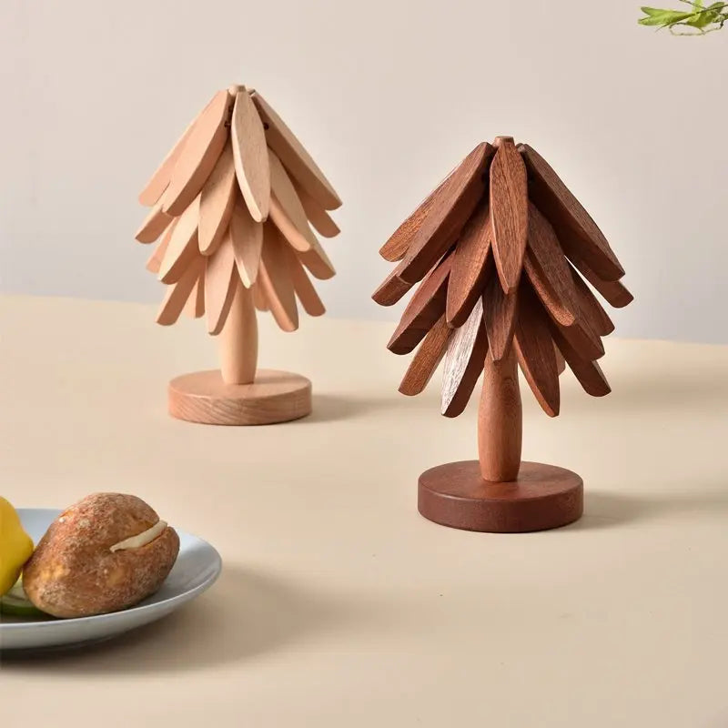 Christmas Tree Wooden Coasters Set with Stand – Heat Resistant Cup Holder for Home