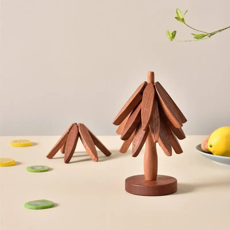 Christmas Tree Wooden Coasters Set with Stand – Heat Resistant Cup Holder for Home