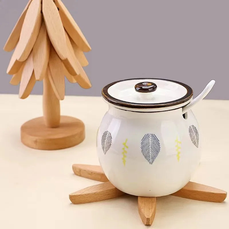 Christmas Tree Wooden Coasters Set with Stand – Heat Resistant Cup Holder for Home
