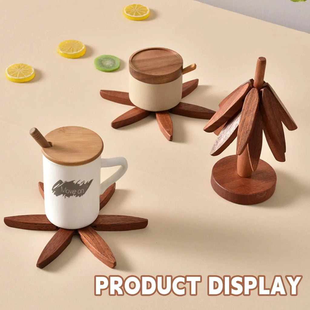 Christmas Tree Wooden Coasters Set with Stand – Heat Resistant Cup Holder for Home