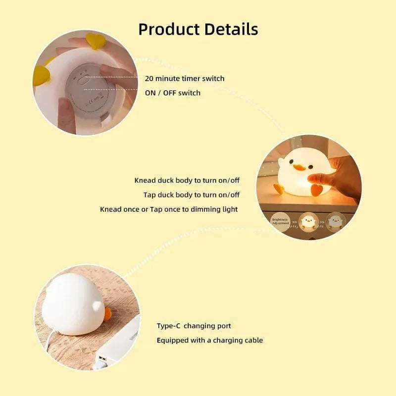 DoDo Duck Cute Silicone Night Light – Dimmable Rechargeable LED Bedside Lamp for Baby Room & Home Decor